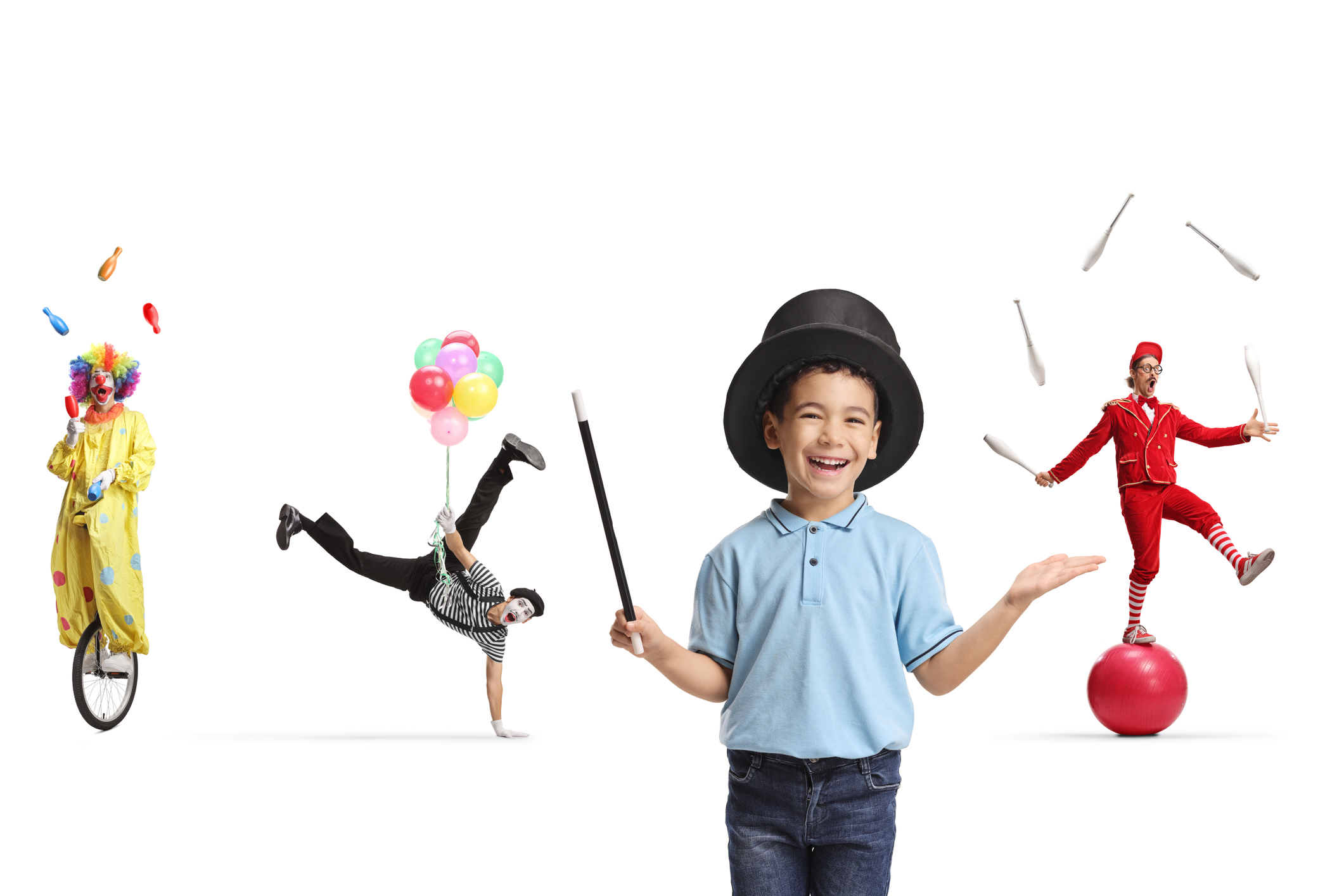 Boy with a magic hat and a group of circus entertainers performing